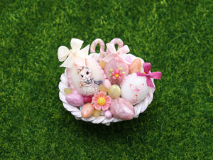 Easter Basket with Miss Bunny and Butterfly Decorated Eggs - OOAK - Dollhouse Miniature