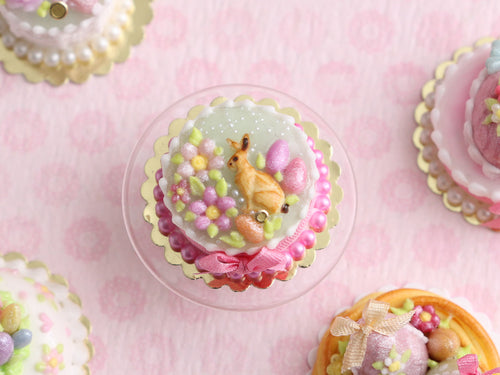 Easter Cake with Cookie Bunny, Pink Ribbon and Pearls - OOAK - Miniature Food in 12th Scale for Dollhouse