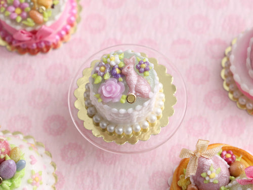 Easter Cake with Pink Bunny, Blossoms, Pink Rose - OOAK - Miniature Food in 12th Scale for Dollhouse