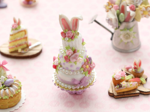 Three Tier Easter Cake with Flowers and Bunny Ears - Miniature Food in 12th Scale for Dollhouses