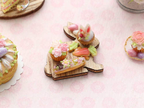 Easter Cupcakes, Eclairs and Carrot Cookies Served on Rabbit Board - Miniature Food in 12th Scale for Dollhouses