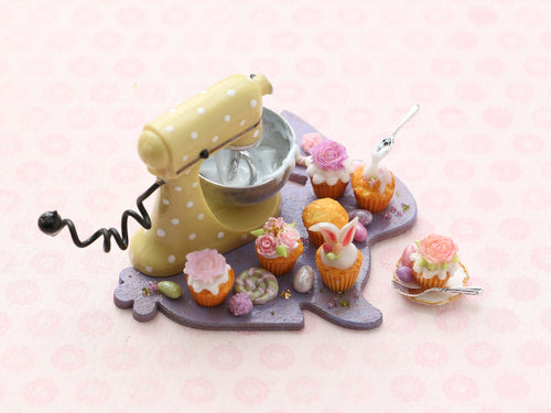 Making Easter Cupcakes with Stand Mixer on Rabbit-Shaped Preparation Board - Miniature Food in 12th Scale for Dollhouses