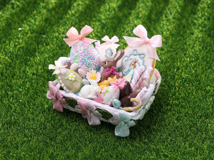 Easter Basket Filled with Pastel Coloured Goodies - OOAK - Dollhouse Miniature