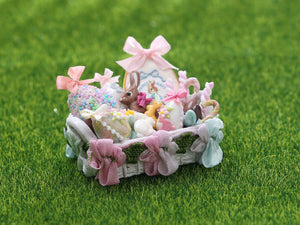 Easter Basket Filled with Pastel Coloured Goodies - OOAK - Dollhouse Miniature