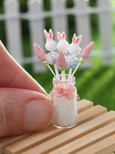Glass Jar of 3 x 3 Easter lollipops / cake pops - Bunny Ears, Pink Carrots, Pastel Sprinkles - Miniature Food