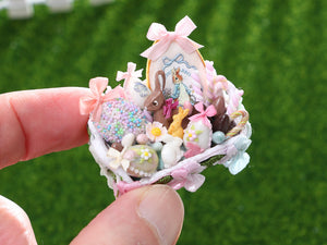 Easter Basket Filled with Pastel Coloured Goodies - OOAK - Dollhouse Miniature