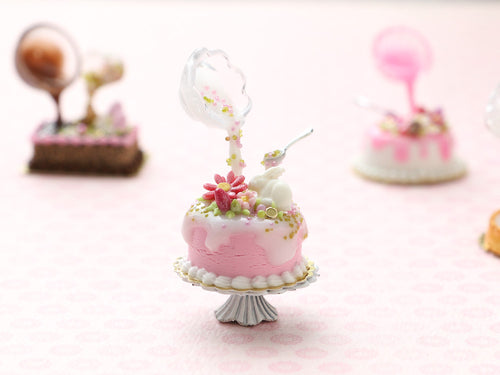 Frozen Moment Pink Easter Cake Being Decorated with White Icing - OOAK - Miniature Food in 12th Scale for Dollhouse