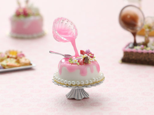 Frozen Moment White Easter Cake Being Decorated with Pink Icing - OOAK - Miniature Food in 12th Scale for Dollhouse
