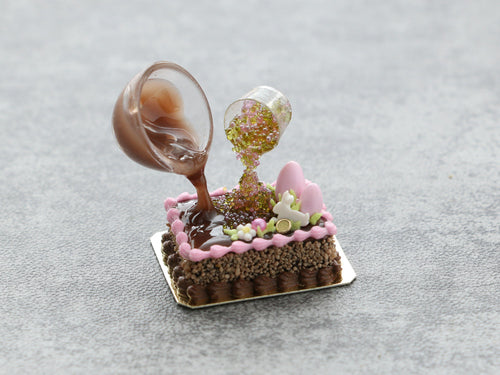 Frozen Moment Chocolate Sauce and Sprinkles Easter Cake - OOAK - Miniature Food in 12th Scale for Dollhouse