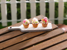 Load image into Gallery viewer, Three Pretty Cupcakes on Wooden Board - Handmade Miniature Dollhouse Food