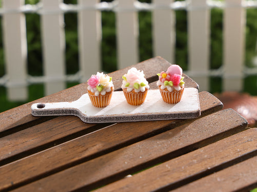 Three Pretty Cupcakes on Wooden Board - Handmade Miniature Dollhouse Food