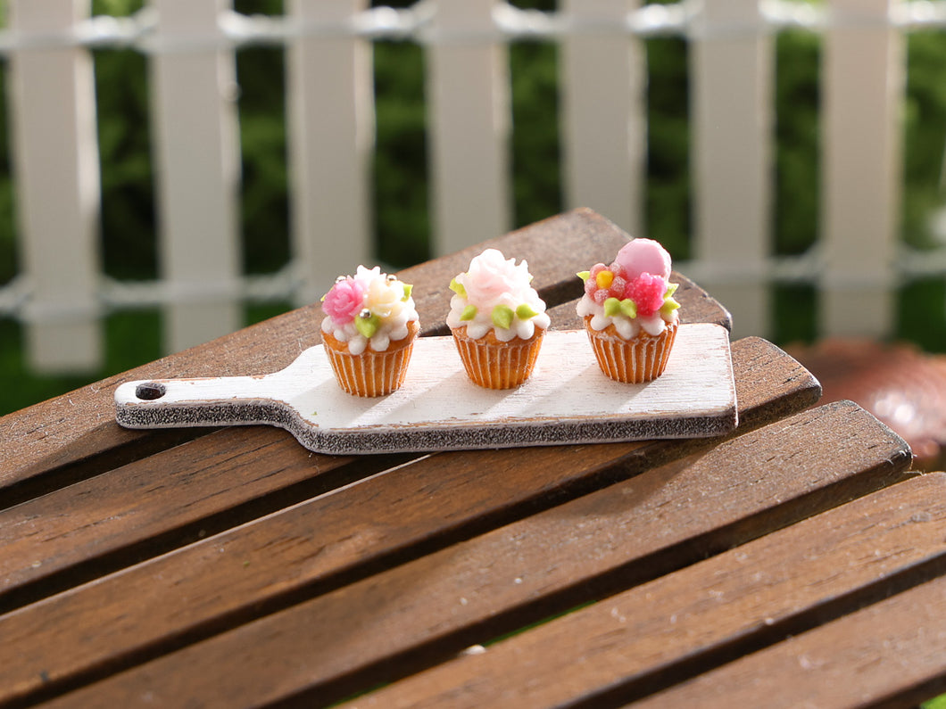 Three Pretty Cupcakes on Wooden Board - Handmade Miniature Dollhouse Food