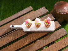Load image into Gallery viewer, Three Pretty Cupcakes on Wooden Board - Handmade Miniature Dollhouse Food
