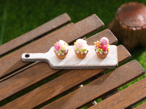 Three Pretty Cupcakes on Wooden Board - Handmade Miniature Dollhouse Food