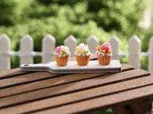 Load image into Gallery viewer, Three Pretty Cupcakes on Wooden Board - Handmade Miniature Dollhouse Food