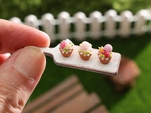 Three Pretty Cupcakes on Wooden Board - Handmade Miniature Dollhouse Food