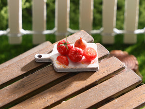 Tomatoes and Onion on Wooden Cutting Board - Handmade Miniature Dollhouse Food