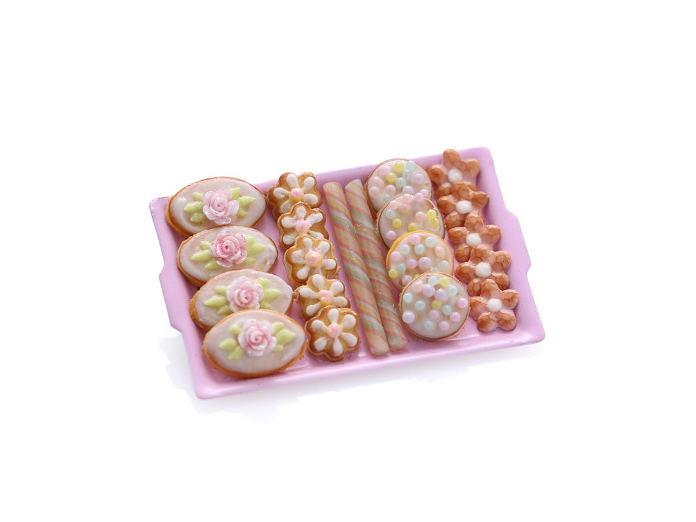 Floral Cookies on Pink Tray - Handmade Miniature Food
