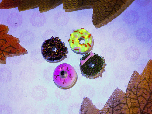 Four Loose Autumn & Halloween Donuts (Eyeballs and Bones) Glow in the Dark - Handmade Miniature Food