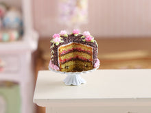 Load image into Gallery viewer, Pink Flower and Chocolate Layer Cake for Springtime  - Handmade miniature dollhouse food in 12th scale