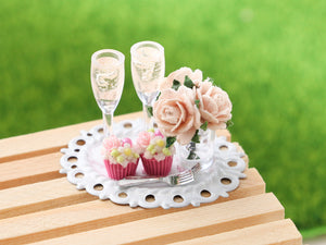 Cupcakes and Champagne For Two with Vase of Roses - Handmade Dollhouse Miniature