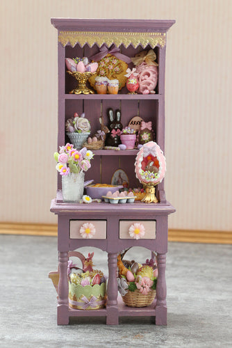 OOAK Lilac Easter Kitchen Hutch Filled with Handmade Easter and Spring Themed Miniatures