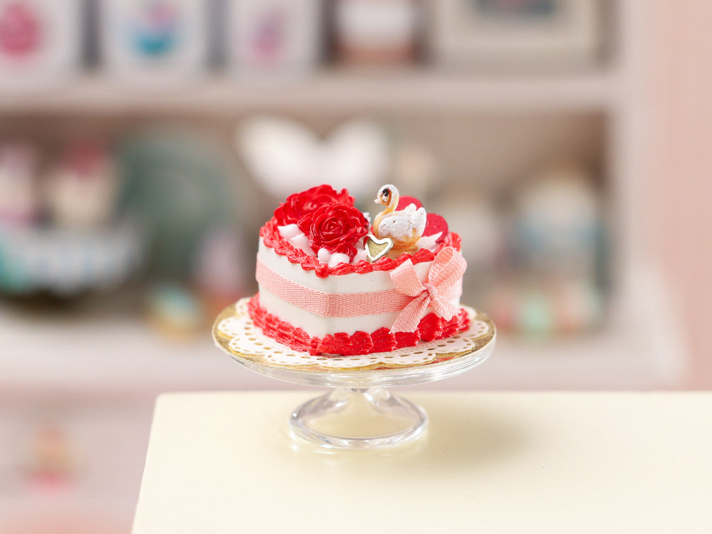 Handmade Miniature Dollhouse Cake with Tiny French Choux Pastry Swan and Red Roses