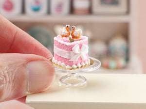 Handmade Miniature Dollhouse Cake with Elegant Pastry Swans – Pink Wedding & Celebration Decor