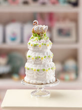 Load image into Gallery viewer, Handmade Miniature Dollhouse Three Tier Spring Wedding Celebration Stacked Cake with Tiny French Choux Pastry Swan