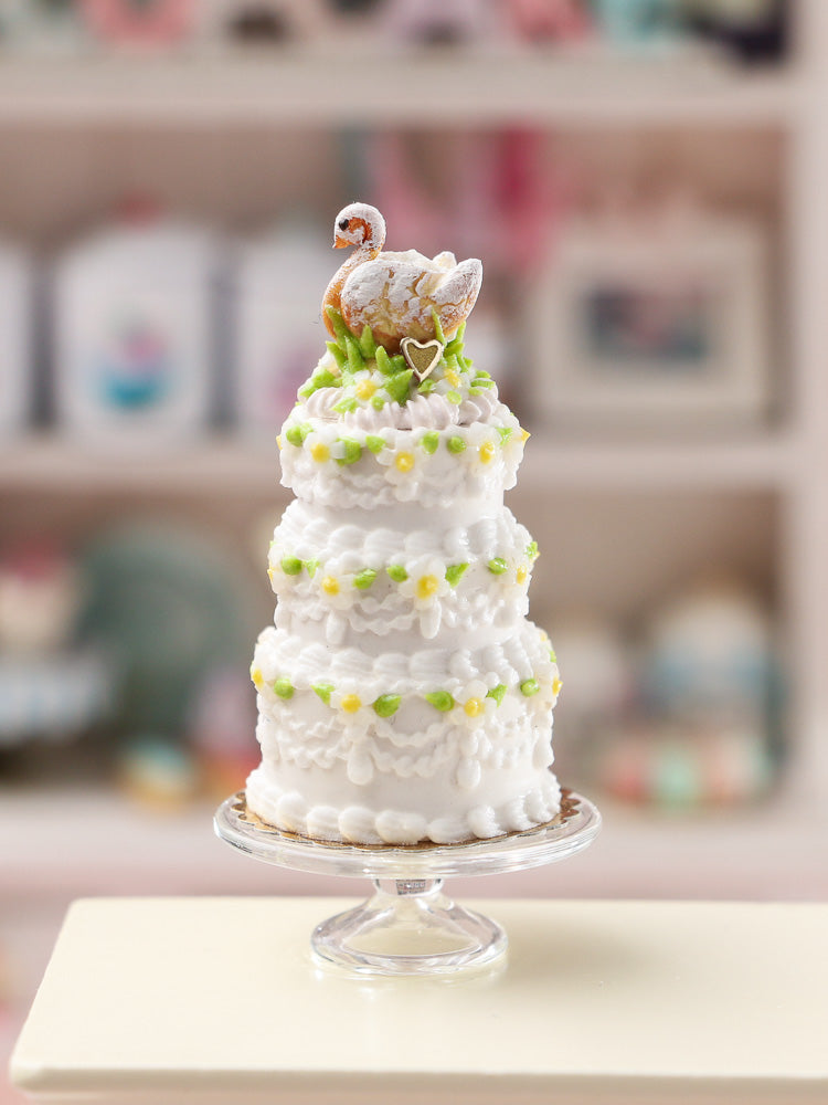 Handmade Miniature Dollhouse Three Tier Spring Wedding Celebration Stacked Cake with Tiny French Choux Pastry Swan