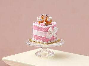 Handmade Miniature Dollhouse Cake with Elegant Pastry Swans – Pink Wedding & Celebration Decor