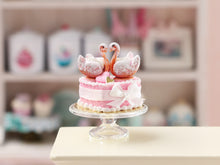 Load image into Gallery viewer, Handmade Miniature Dollhouse Cake with Elegant Pastry Swans - Large - Pink Wedding &amp; Celebration Decor