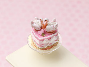 Handmade Miniature Dollhouse Cake with Elegant Pastry Swans - Large - Pink Wedding & Celebration Decor