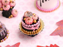 Load image into Gallery viewer, Black and Pink Cake with 3 Pink Pumpkins Autumn / Halloween - Handmade Miniature Food