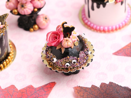 Black Cake with Pink Rose, Black Cat for Autumn / Halloween - Handmade Miniature Food
