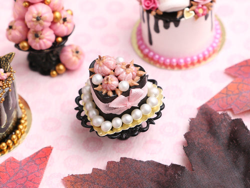 Heartshaped Black Cake with Pink Pumpkins for Autumn / Halloween - Handmade Miniature Food