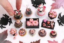 Load image into Gallery viewer, Black and Gold Cake with Pink and Gold Pumpkin for Autumn / Halloween - Handmade Miniature Food