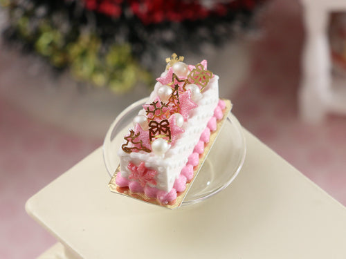 Rectangular Christmas Cake with Pink & Gold Decorations - Handmade Miniature Dollhouse Food