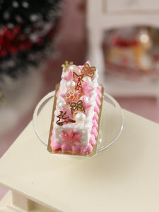 Rectangular Christmas Cake with Pink & Gold Decorations - Handmade Miniature Dollhouse Food