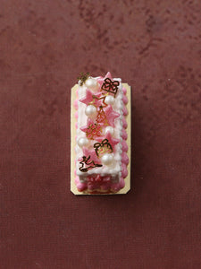 Rectangular Christmas Cake with Pink & Gold Decorations - Handmade Miniature Dollhouse Food