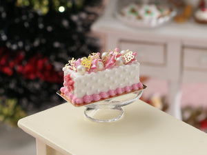 Rectangular Christmas Cake with Pink & Gold Decorations - Handmade Miniature Dollhouse Food