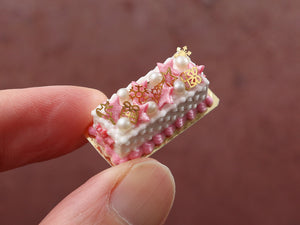 Rectangular Christmas Cake with Pink & Gold Decorations - Handmade Miniature Dollhouse Food