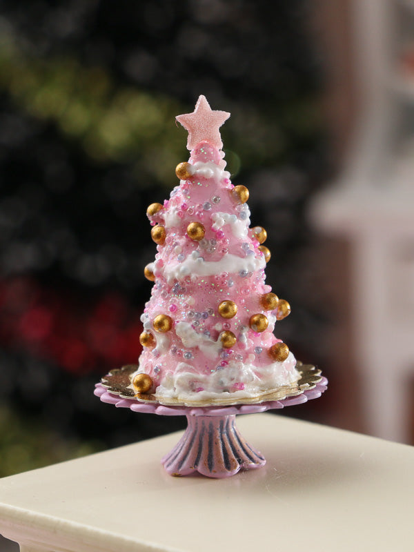 Pink Christmas Tree Cake - Handmade Miniature Dollhouse Food