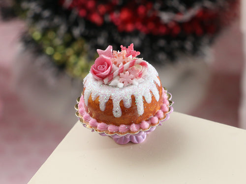 Pink Christmas Cake with Glittery Snow - Handmade Miniature Food