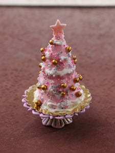 Pink Christmas Tree Cake - Handmade Miniature Dollhouse Food