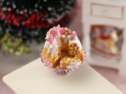 Festive Christmas Kouglof, Pink Decorations - Handmade Miniature Dollhouse Food