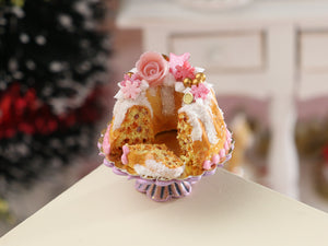 Festive Christmas Kouglof, Pink Decorations - Handmade Miniature Dollhouse Food