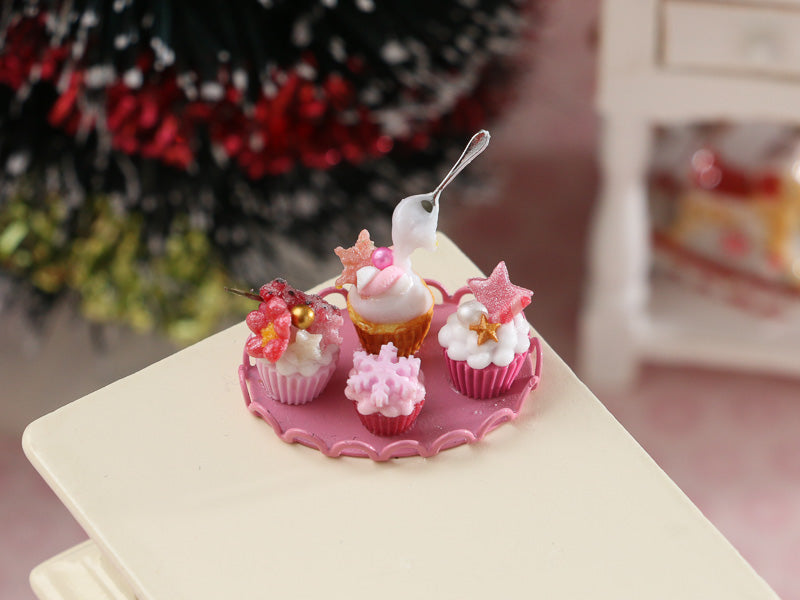 Four Festive Pink Christmas Cupcakes - Frozen Moment - Handmade Miniature Dollhouse Food