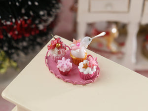 Four Festive Pink Christmas Cupcakes - Frozen Moment - Handmade Miniature Dollhouse Food