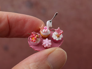 Four Festive Pink Christmas Cupcakes - Frozen Moment - Handmade Miniature Dollhouse Food